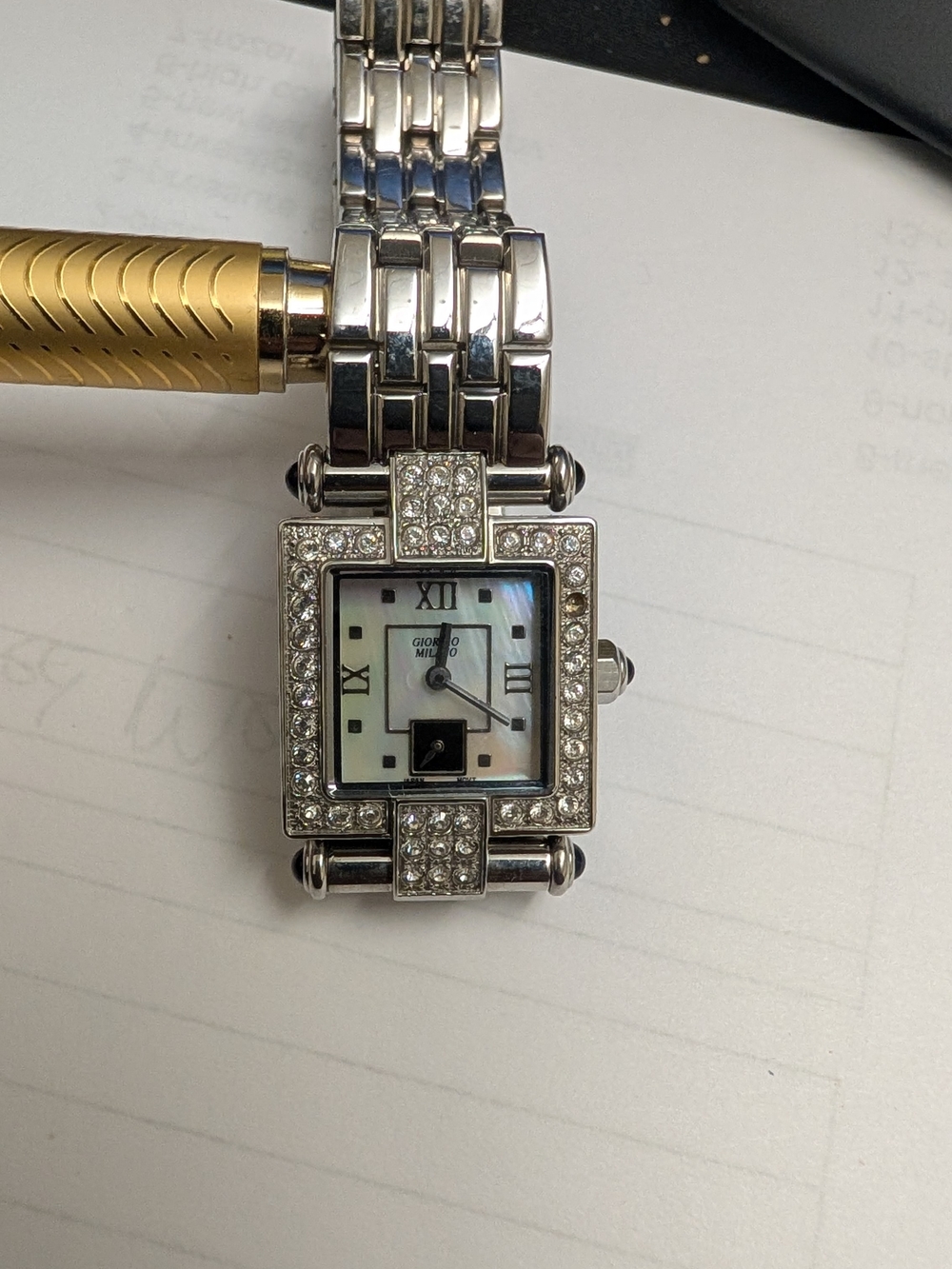 Mother-of-Pearl Silver-Tone Women's Square Crystal Watch